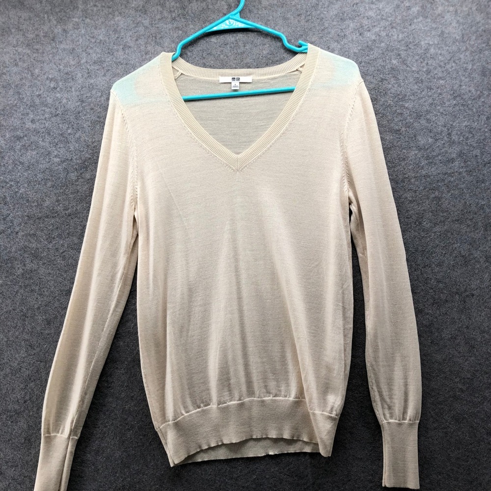 Uniqlo Extra‎ Fine Merino V-Neck Sweater Womens S Cream Wool Lightweight